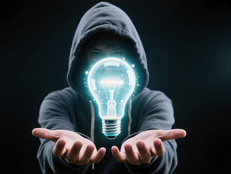 Close up of hacker in hood holding glowing light bulb on dark backgroundの素材