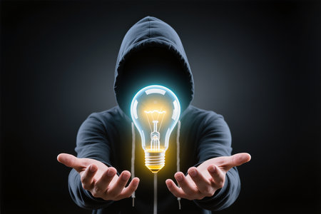 Hooded hacker holding glowing light bulb on dark background. Idea and innovation conceptの素材