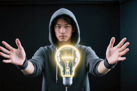Asian man in black hoodie with light bulb on dark background.の素材