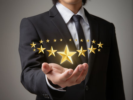 businessman holding five star rating on gray background, Customer review conceptの素材
