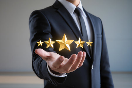 Businessman hand holding golden star rating on gray background. Customer review concept.の素材