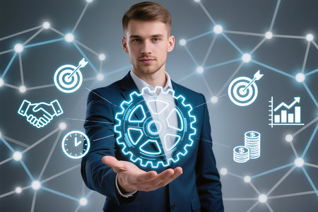 Business process management and workflow automation diagram with gears and icons with connection line network in background. Manager touching interfaceの素材