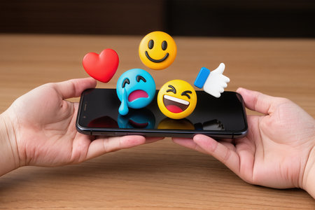 Smartphone with smileys on the screen, social media concept.の素材