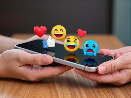 Smartphone with smiley faces on screen, social media concept.の素材