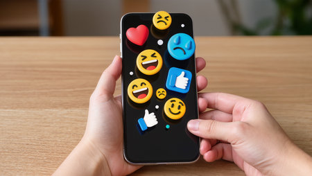 Smartphone with smiley face and social media icons on screen.の素材