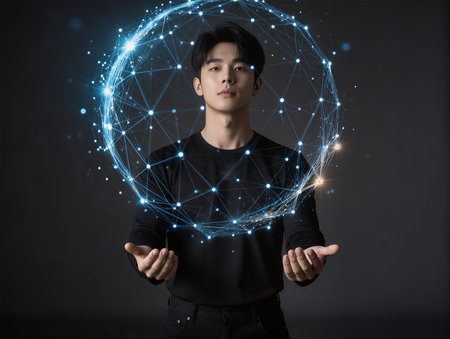 Young asian man holding a network hologram on black background.の素材