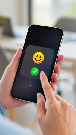 Smartphone screen displaying a smiley face emoticon on the screenの素材