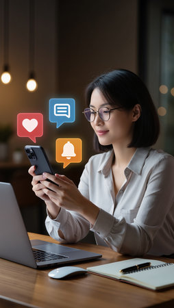 Woman use of mobile phone with social media icons in modern office.の素材