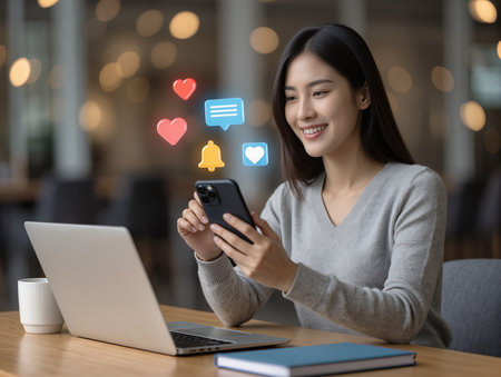 Happy asian woman using mobile phone with social media icon in cafeの素材