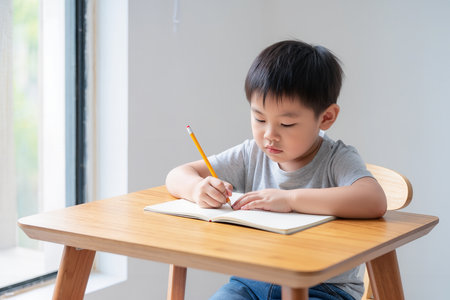 A realistic stock photo of a young child sitting at a wooden desk writing in a notebook with a pencilの素材