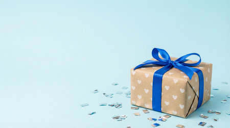 Gift box with blue ribbon and confetti on blue background.の素材