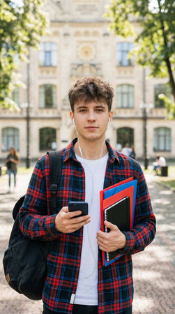 Closeup photo portrait of cheerful positive delightful nice handsome glad millennial choosing song on his mp3 playerの素材