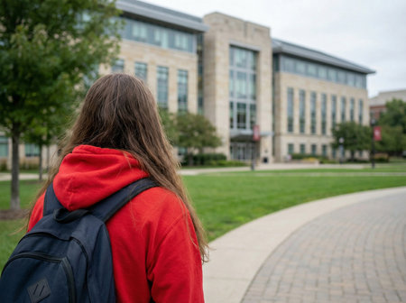 xSide profile photo of sad unhappy sad regretful teen teenager hipster person looking back at university buildingの素材