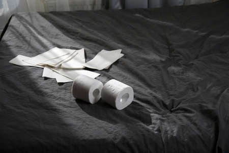 From above two rolls of toilet paper on bed lying on bed covered with grey sheet in bedroom