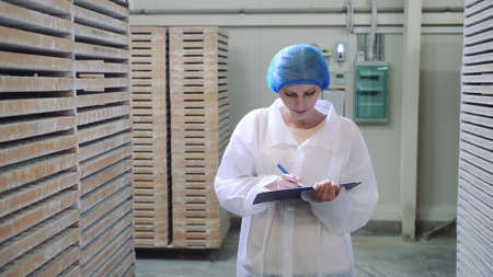 Controller checking factory storage room. Pretty young lady walking between shelves in huge storage...
