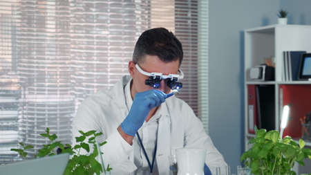 Botanist in magnifying glasses learning some type of plant in big modern lab. There are skyscrapers in the background.の写真素材