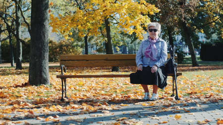 Grandmother sitting on bench in a beautiful autumn park.She probably waiting for somebodyの写真素材