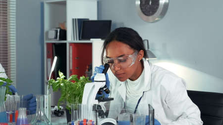 Multiracial female scientist in safety glasses using colleagues chemical liquid in flask in her experiment. She working in modern and bright chemistry laboratory.の写真素材