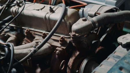 Close-up of car engine compartment. Old rusty transportの写真素材