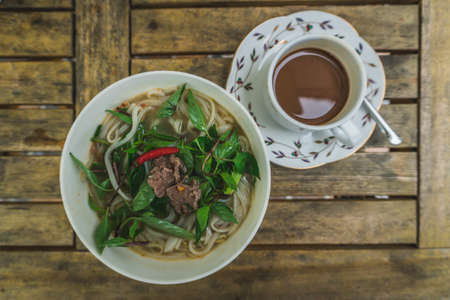 Vietnamese Fo-Bo soup with rice noodles and chickenの写真素材
