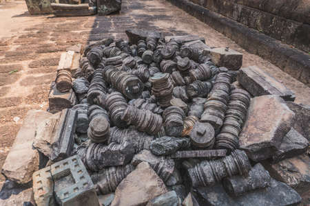 Ancient Angkor Wat Ruins Panorama. Beautiful close up of empty Angkor Wat temple complex. Eastern Mebon Temple. Siem Reap, Cambodia - FEBRUARY 25, 2020のeditorial素材