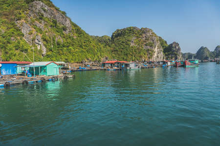 Floating Fishing Village In The Ha Long Bay. Cat Ba Island, Vietnam Asiaの写真素材
