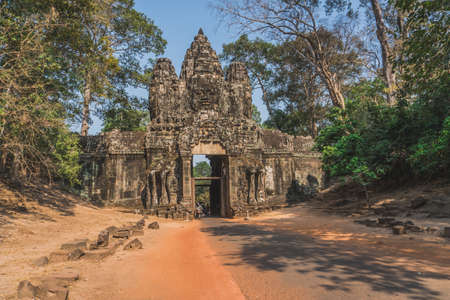 Ancient Angkor Wat Ruins Panorama. Front Gate of Angkor Thom. Siem Reap, Cambodia - FEBRUARY 25, 2020のeditorial素材