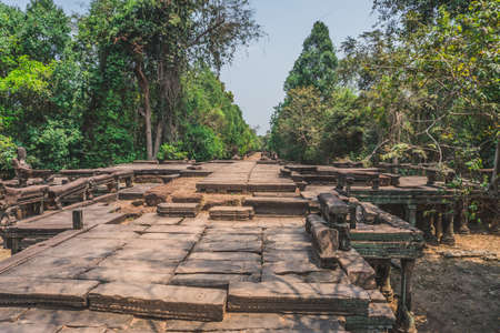 Ancient Angkor Wat Ruins Panorama. Banteay Srei Temple. Siem Reap, Cambodia - FEBRUARY 25, 2020