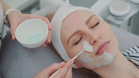 Cosmetician hands applying cream mask on young womans face at beauty spa salon. Facial skin care treatments.の写真素材