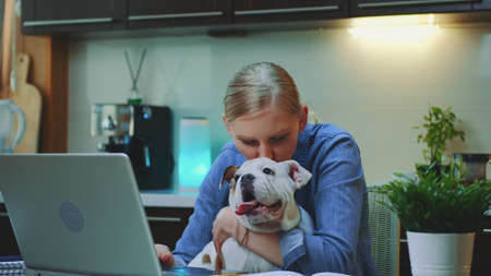 Close-up shot of cheerful woman hugging small dog in the kitchen. She working on the computer and holding small dog on her handsの写真素材