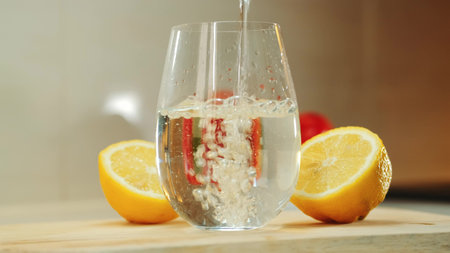 Empty glass between two part of cut lemon on wooden cutting board. Close up shotの写真素材