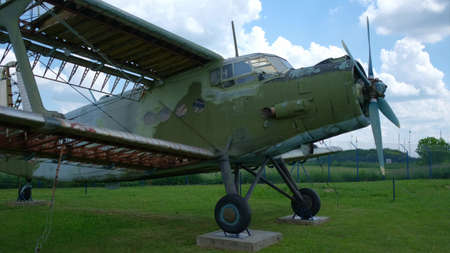 Open-air exhibition of old military transport aircraft. Military aircrafts concept.の写真素材