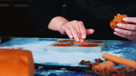 Close-up shot of womans hands working on gingerbread cookies. In front there is pastry dough.の写真素材