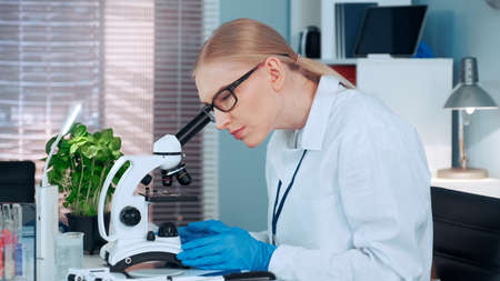 Female chemistry professor using tweezers to put organic material on slide and look under the microscope. Woman working in modern well equipped laboratoryの写真素材