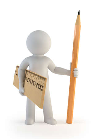 3d small people - ruler and pencilの写真素材