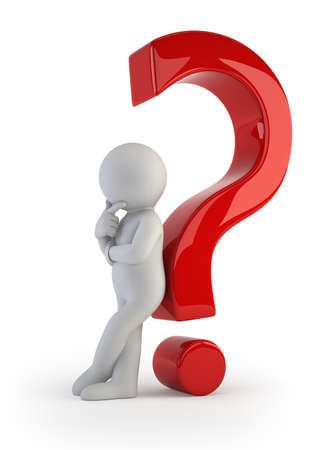 3d small people - leaning back against a question markの写真素材