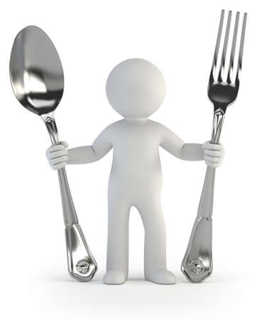 a little man holding a spoon and fork, dinner timeの写真素材