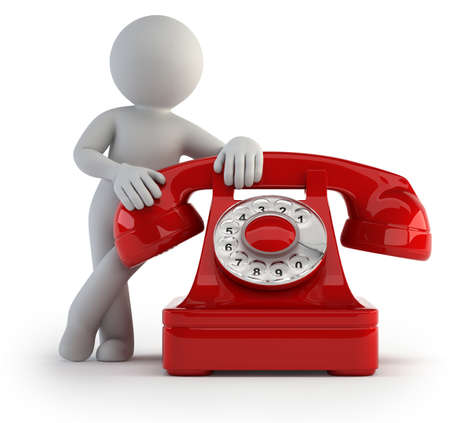 little man waiting for an important call. Isolated white backgroundの写真素材