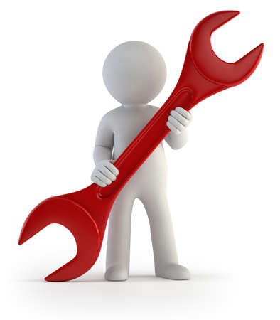 a little man with a big tool in hands, Isolated white backgroundの写真素材