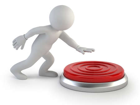 little man presses the big red button, Isolated white background