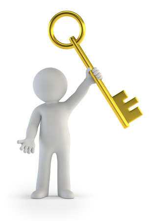 a little man holding a golden key, Isolated white backgroundの写真素材