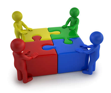 Males with four puzzle together, Isolated white backgroundの写真素材