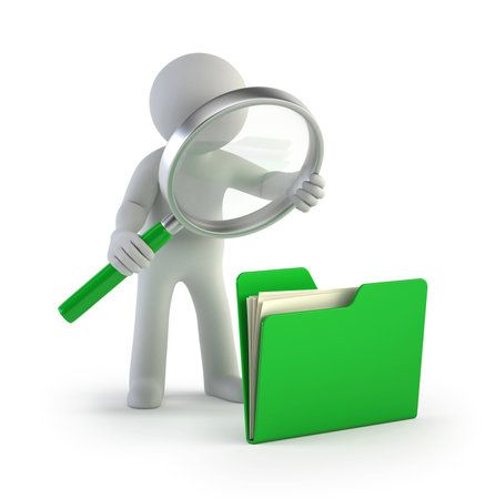 little man looks for files, Isolated white backgroundの写真素材