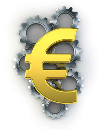 Euro sign on top of cogs, Isolated white backgroundの写真素材