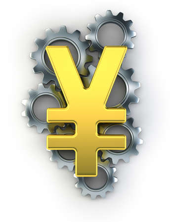 Yen sign on top of cogs, Isolated white backgroundの写真素材