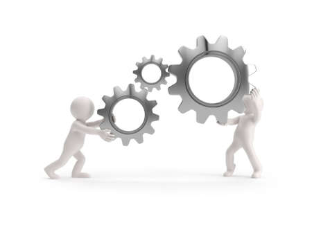 3d small people - keep gears in hands, Isolated white backgroundの写真素材