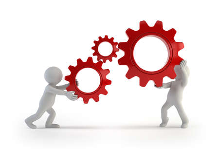3d small people - keep gears in hands, Isolated white backgroundの写真素材