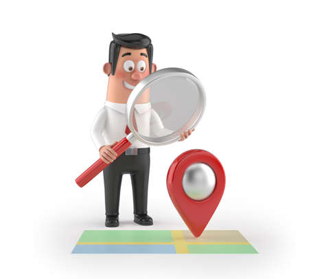 3D funny cartoon manager - looking location, Isolated white backgroundの写真素材