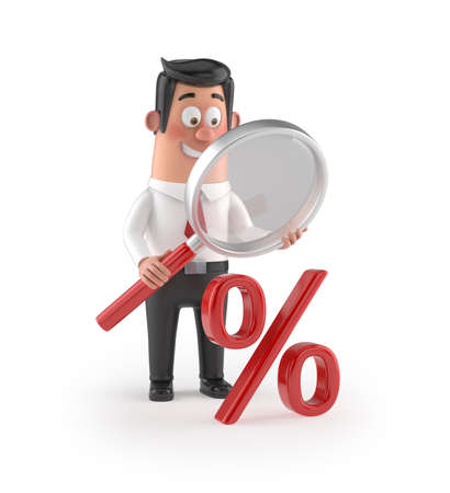 3D funny cartoon manager - looking percent, Isolated white backgroundの写真素材