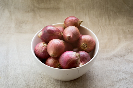 Red onions on fabric backgroundの写真素材